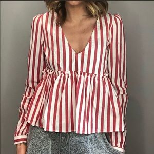 Zara Red and White Striped Peplum Longsleeve top